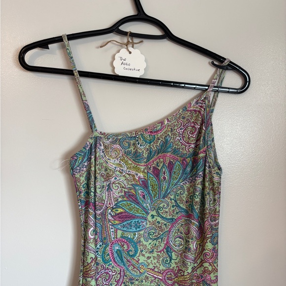 Le Chateau Paisley Print Midi Dress in Blue, Pink, and Green - Picture 2 of 4